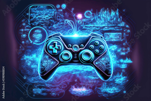 Game industry concept. Wired joystick, gamepad for video games in neon lights and interface with digital icons of esport devices on dark background. Generative AI