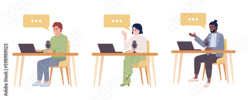 Podcasters with laptops sitting at tables semi flat color vector characters pack. Editable full body people on white. Simple cartoon style spot illustration set for web graphic design and animation