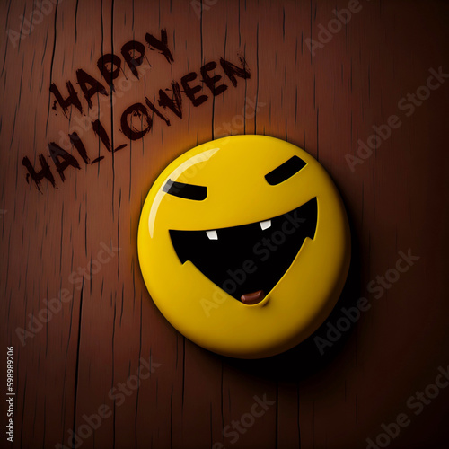 Happy halloween, Laughing emoji, Wooden background