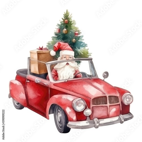 Watercolor illustration of cute Santa Claus on red retro car. Funny hand drawn character. Christmas illustration.
