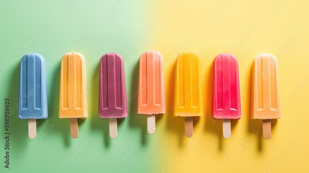 Assortment of colourful popsicle ice cream with different taste, bright summer background. Generative AI