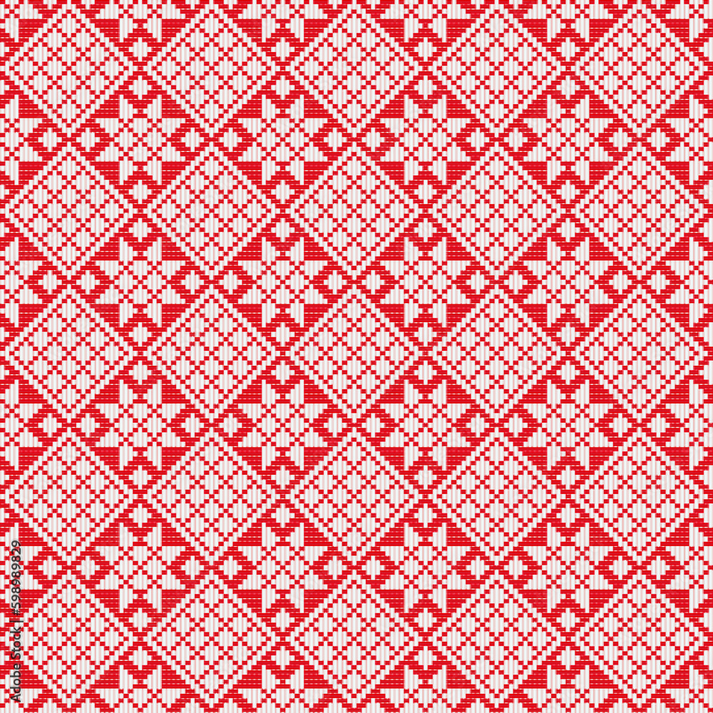 Christmas knitting seamless pattern in red and white. wrapping paper, pattern fills, winter greetings, web page background, Christmas use geometrical jacquard pattern texture design.