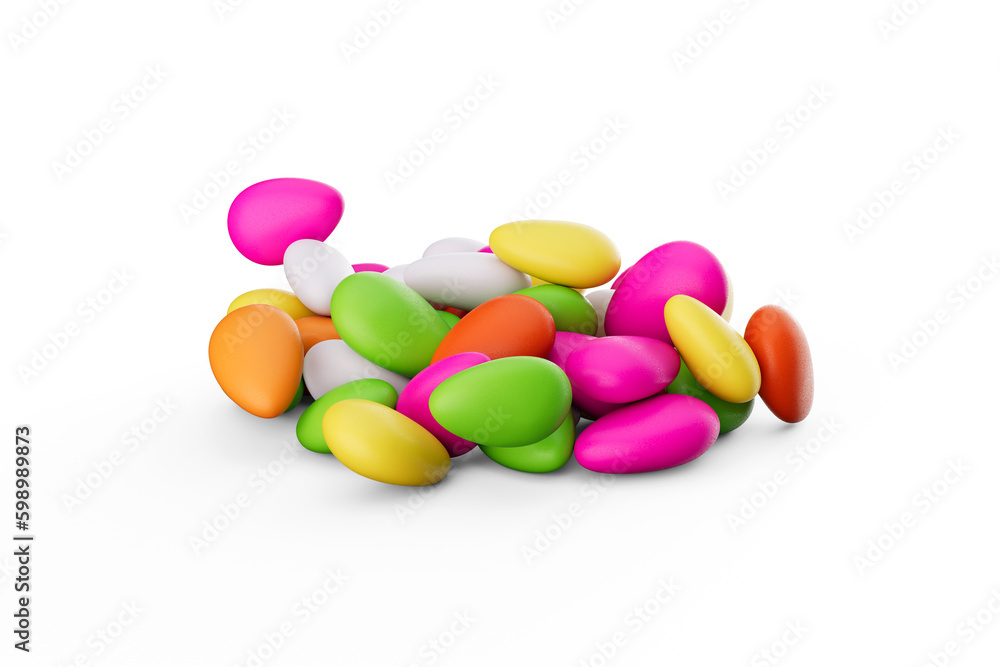 3d Colorful Almond Candies Sugar Coated Almond Candies Isolated On White background, 3d illustration 3d Colorful Almond Candies Sugar Coated Almond Candies Isolated On White background, 3d illustration