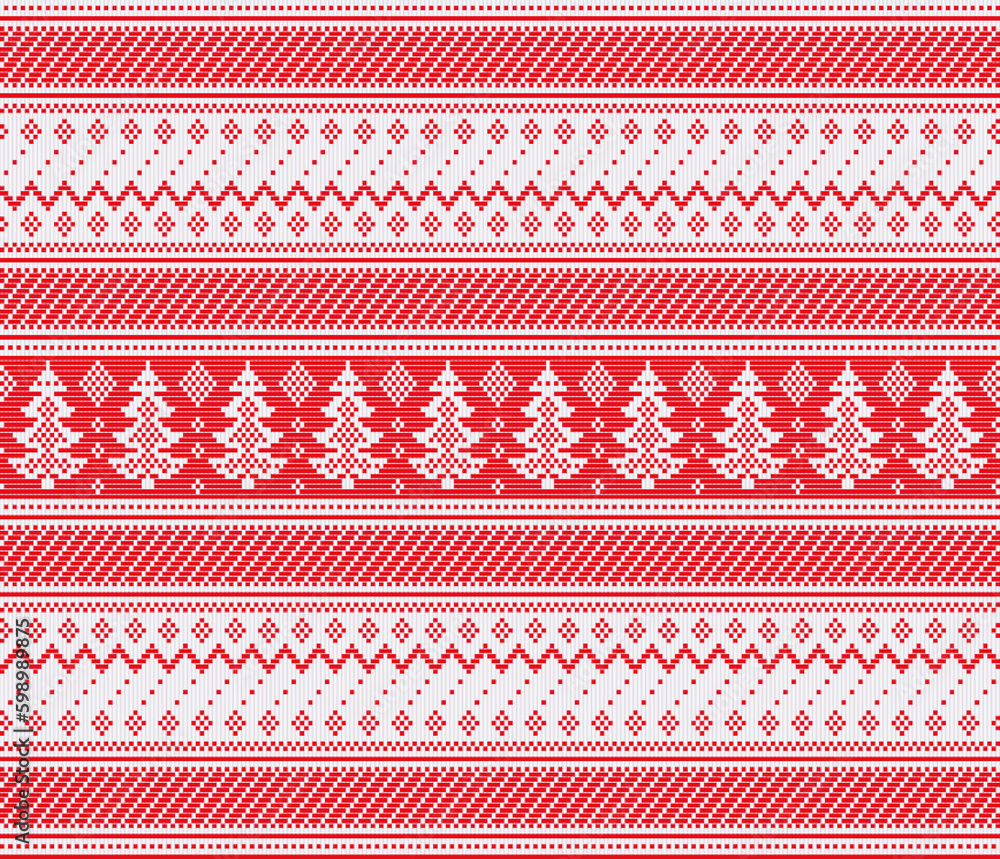 Christmas Sweater Design.Seamless Knitted Pattern texture in traditional colors.Christmas red,white used Winter holiday background with christmas tree and snowflakes.simple Christmas geometric pattern Christmas Sweater Design.Seamless Knitted Pattern texture in traditional colors.Christmas red,white used Winter holiday background with christmas tree and snowflakes.simple Christmas geometric pattern