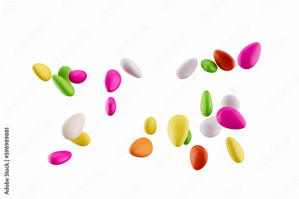 3d Colorful Almond Candies Sugar Coated Almond Candies Falling On White background, 3d illustration 3d Colorful Almond Candies Sugar Coated Almond Candies Falling On White background, 3d illustration