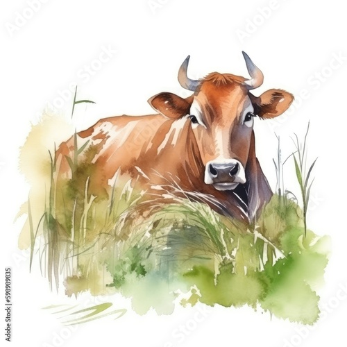 Watercolor cow with calf on the field.