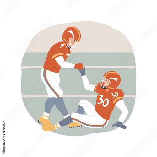 Teammate support isolated cartoon vector illustration. Teenage footballer showing teamwork, helping another player get up, sport support, active lifestyle, football game vector cartoon.