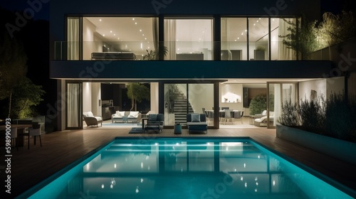 Das Bild zeigt eine moderne Terrasse mit wunderschöner LED-Beleuchtung bei Nacht.