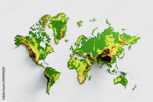 3d World Map Shaded Relief Hypsometric Map Isolated On White Background, 3d illustration