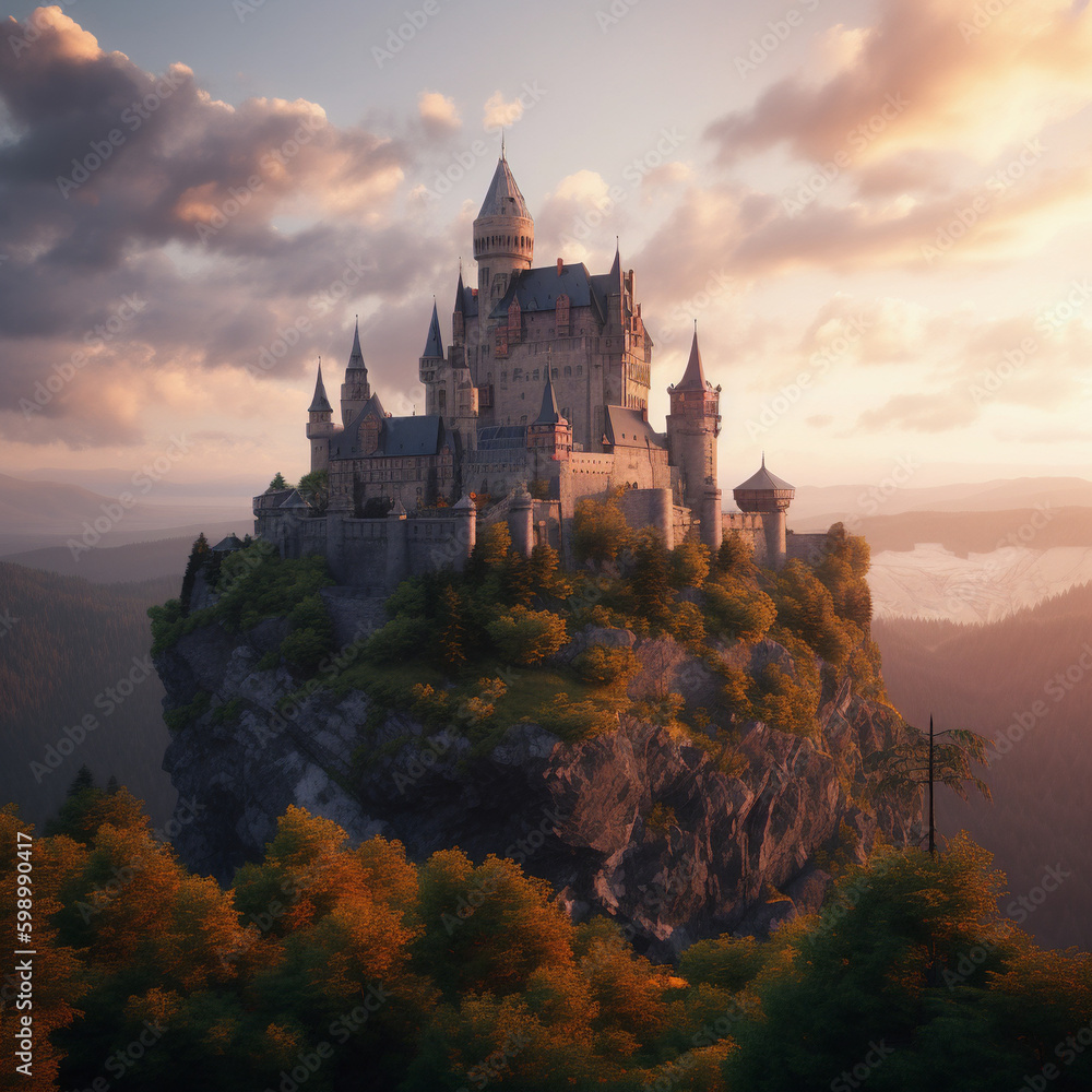 A Majestic Castle on a Mountaintop at Sunset, generative AI
