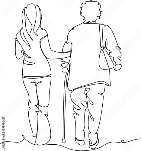 A young girl nurse hugs an elderly woman. Mothers Day. Mother with daughter. line drawing