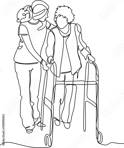 A young girl nurse hugs an elderly woman. Mothers Day. Mother with daughter. line drawing
