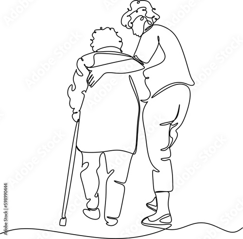 A young girl nurse hugs an elderly woman. Mothers Day. Mother with daughter. line drawing