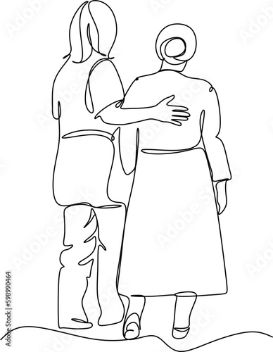 A young girl nurse hugs an elderly woman. Mothers Day. Mother with daughter. line drawing