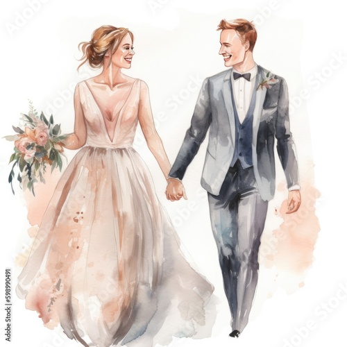 Watercolor bride and groom run holding hands.
