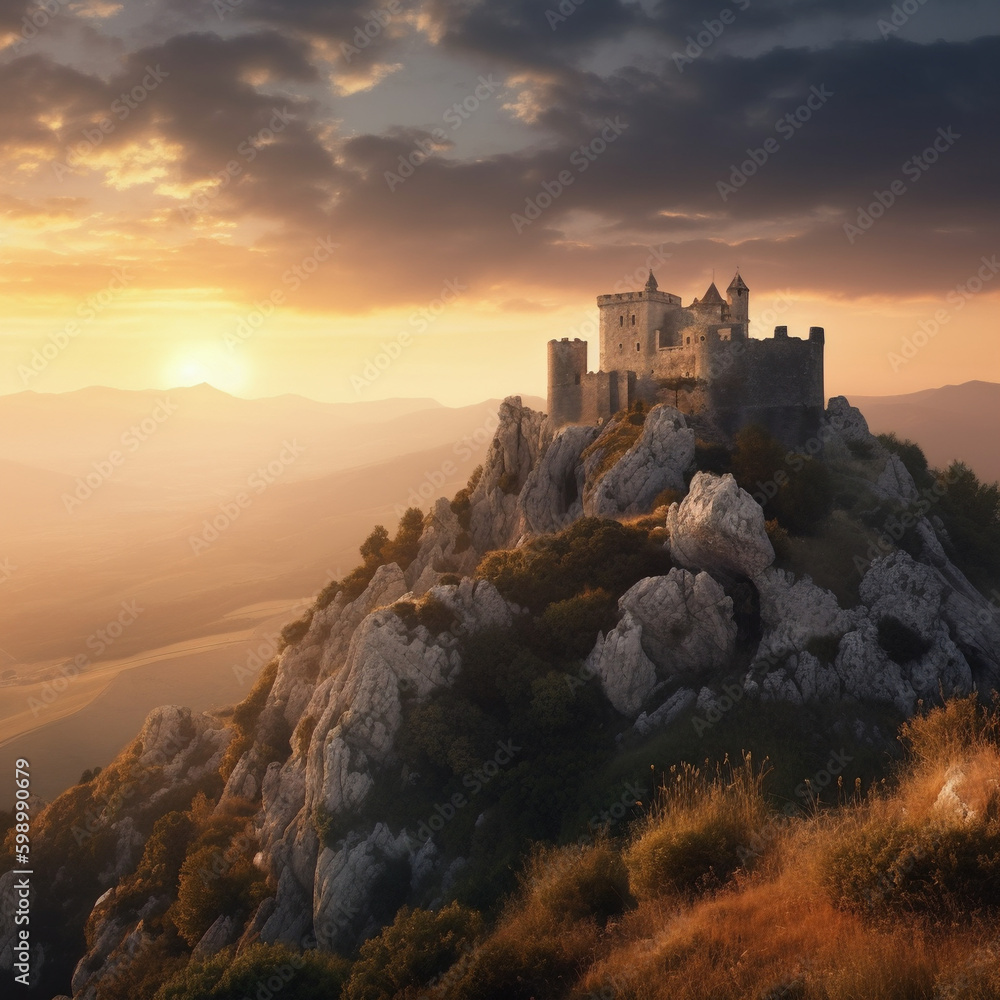 A Majestic Castle on a Mountaintop at Sunset, generative AI