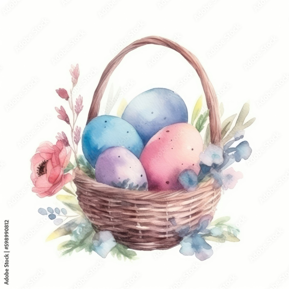 Watercolor Easter eggs in a basket with flowers.