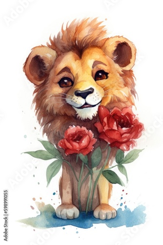 Watercolor lion with flowers.
