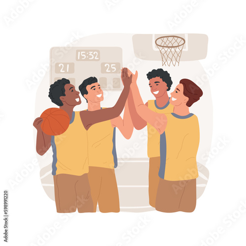 Teamwork isolated cartoon vector illustration. Group of motivated basketball players, stand together, team spirit, discussing sport strategy, teenagers active lifestyle vector cartoon.