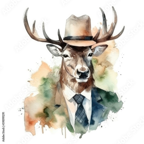 Watercolor hipster deer in a suit and hat.