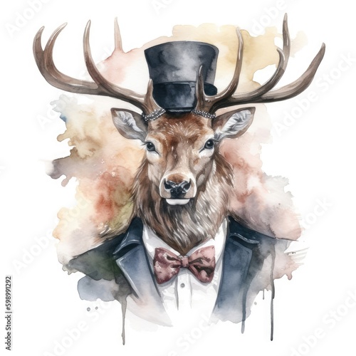 Watercolor hipster deer in a suit and hat.
