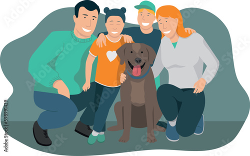 illustration vectorielle représentant une famille heureuse avec un chien