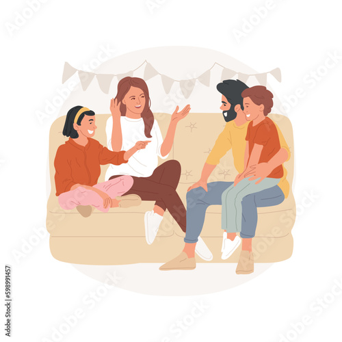 Family conversation isolated cartoon vector illustration. Family discussing plans, people sitting on sofa and talking, leisure time together, family having conversation vector cartoon.