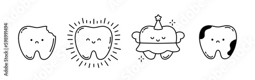 Set of cute little teeth isolated on white. Tooth fairy with wings and cap. Broken tooth and tooth with caries, stains. Baby style. Vector illustration in doodle style