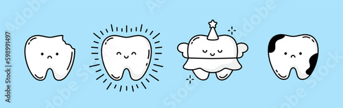 A set of human teeth with different injuries. Healthy and diseased tooth, caries, broken tooth, plaque, spots, crack. Banner, poster for printing. Infographics in dentistry. Vector. Flat style