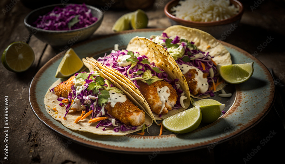 Fresh and delicious crispy fish tacos with cabbage slaw. Generative AI. Fresh and delicious crispy fish tacos with cabbage slaw. Generative AI.