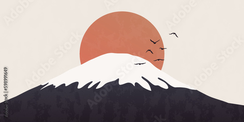 Minimalist mountain silhouette background. Abstract japanese nature panorama sunrise birds silhouettes. Vector landscape Generative AI