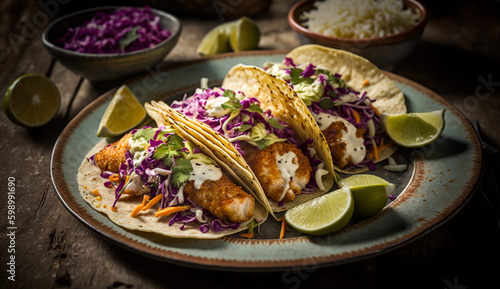 Fresh and delicious crispy fish tacos with cabbage slaw. Generative AI.