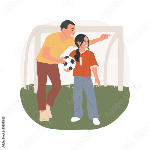 Playing soccer together isolated cartoon vector illustration. Parent and daughter playing soccer, outdoor activity together, family teamwork, teens communication with adult vector cartoon.