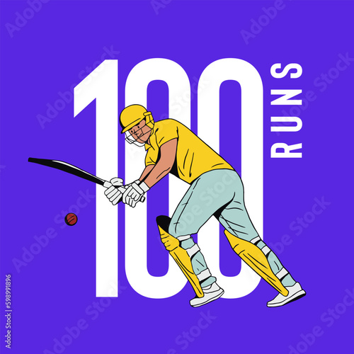 Illustration of batsman playing cricket championship editable vector template, hundred runs completed design banner for social media 