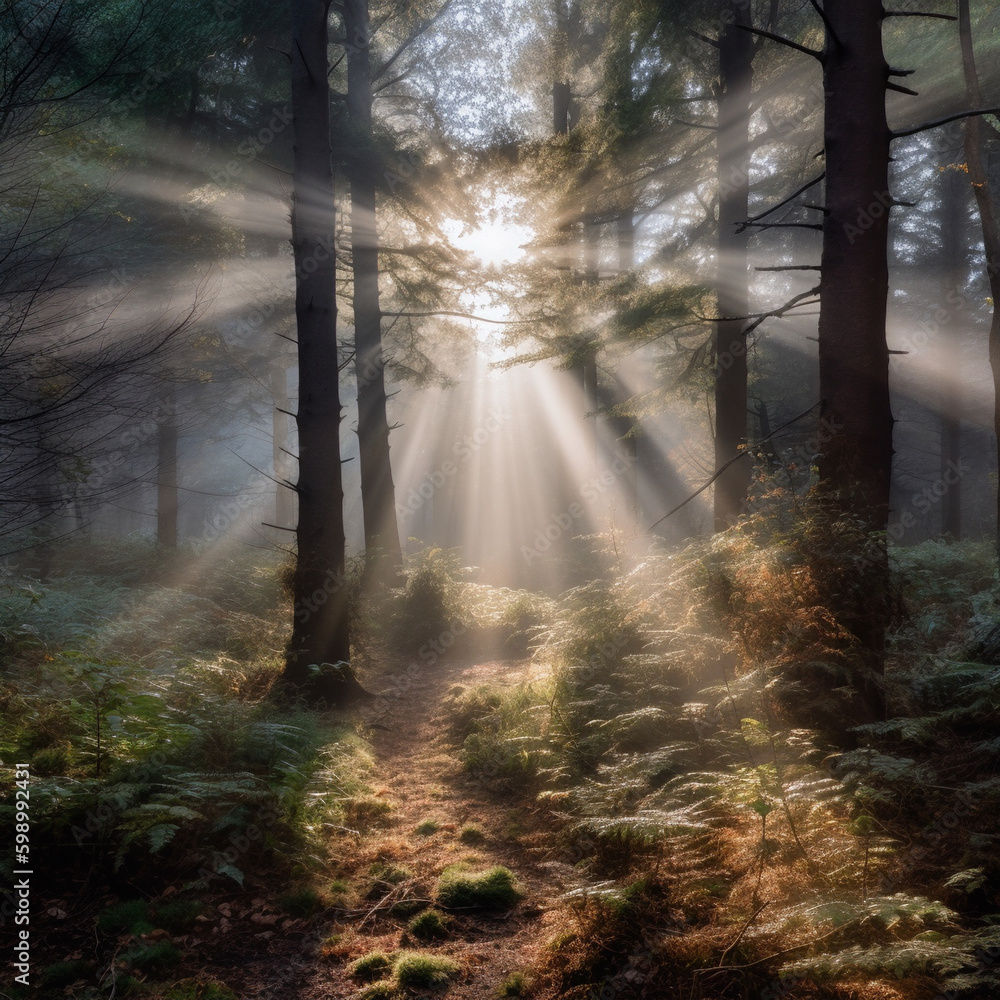 A Misty Forest with a Sunbeam Shining Through the Trees, generative AI A Misty Forest with a Sunbeam Shining Through the Trees, generative AI