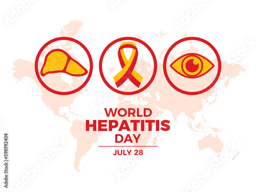 World Hepatitis Day poster with ribbon, liver and eye icon set vector. Red yellow awareness ribbon, inflammation of the liver, jaundice and cirrhosis icon set vector. July 28 every year. Important day