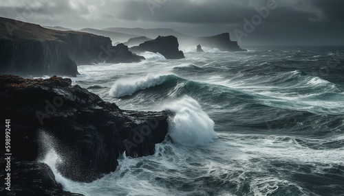 Majestic waves crash on rocky coastline spray splashing generated by AI