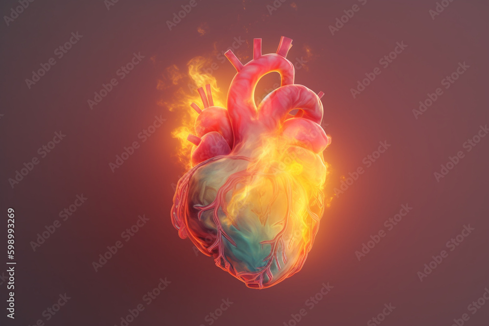 Abstract burning human heart. Heart in flames. Copy space. Generative AI
