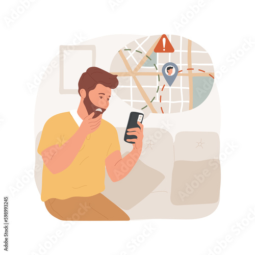 Geofencing tool isolated cartoon vector illustration. Parental control app, monitoring system, using geofencing tool, teen walking with smartphone, map on screen with red zone vector cartoon.