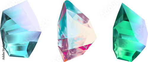 A collection of images of diamonds of various geometric shapes, colors and sizes.Glass shiny crystals with different shades reflecting light.Vector realistic set of glow gemstone or colorful ice.