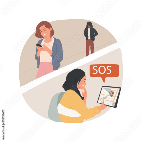 SOS button isolated cartoon vector illustration. Parent gets crisis notification, child feeling unsafe, emergency help, sos button clicking, dangerous situation, teen lifestyle vector cartoon.