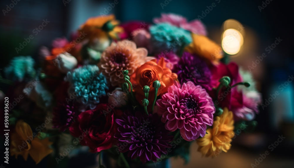 Vibrant bouquet of multi colored flowers in vase generative AI