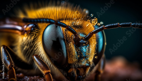 Small bee collects pollen on yellow flower generative AI © Jeronimo Ramos