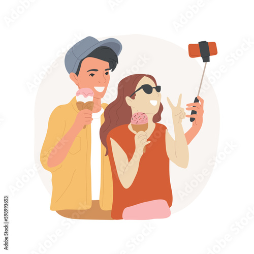 Eating ice-cream isolated cartoon vector illustration. Teenage couple posing with ice-cream, boy and girl taking selfie and laughing, romantic relationship, teen first love vector cartoon.