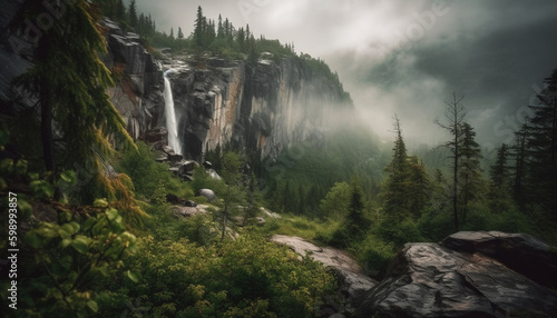 Majestic mountain range, tranquil scene, flowing water generative AI