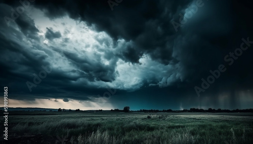 Moody sky over rural landscape, ominous beauty generative AI