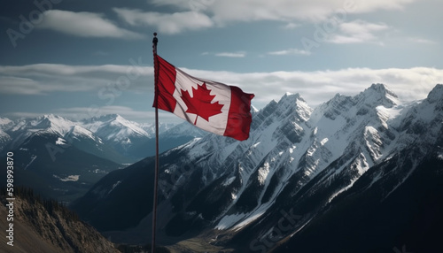 Majestic mountain range, Canadian flag waves proudly generative AI