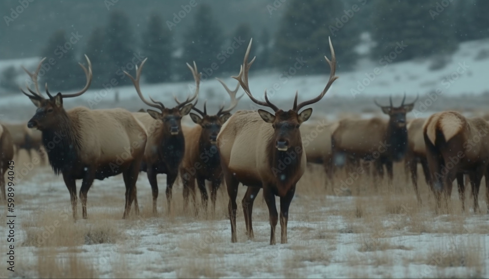 Obraz premium Horned stag stands in snowy forest landscape generative AI