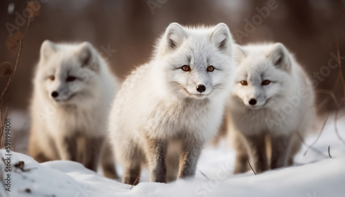 Fluffy red fox and puppy in snow generative AI