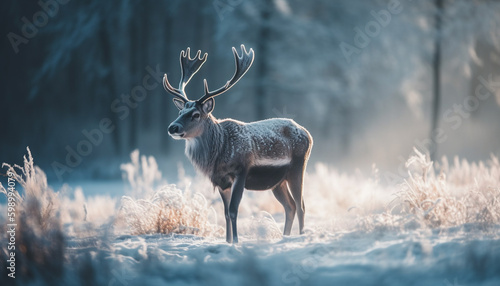 Horned stag standing in tranquil winter forest generative AI